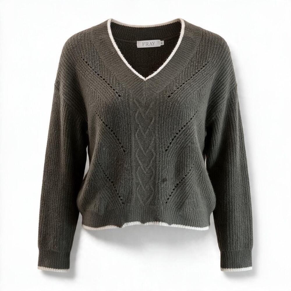 Fray Olive Green Oversized V-Neck Pointelle Sweater Cream Trim Women's S